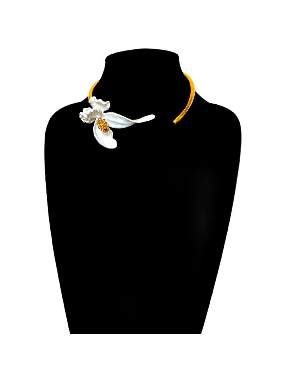 MODERN BEAUTY | Artisan Gold & White Orchid Statement Collar Necklace  | NEW